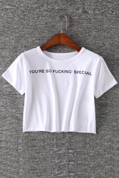 BUT I'AM A CREEP Letter Spider Printed Round Neck Short Sleeve Crop Tee