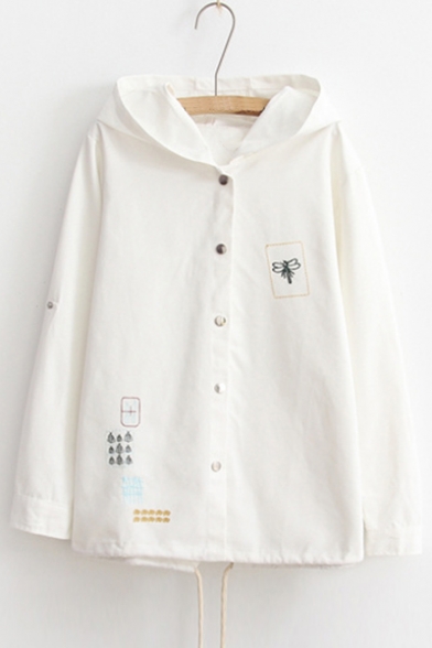 Butterfly Embroidered Long Sleeve Buttons Down Hooded Coat