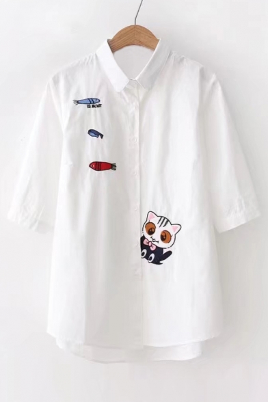 Cat Fish Embroidered Lapel Collar Half Sleeve Buttons Down Shirt