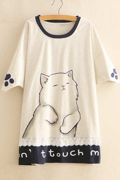 Color Block Lace Insert Letter Cat Printed Round Neck Short Sleeve Tunic Tee