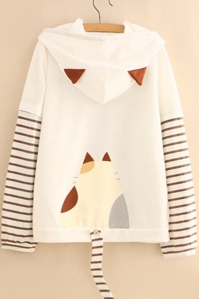 Contrast Striped Printed Long Sleeve Cat Printed Hoodie with Tail