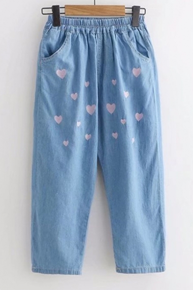 Heart Embroidered Elastic Waist Loose Straight Jeans