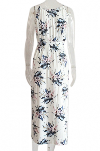 Holiday Floral Printed Sleeveless Split Front Maxi Cami Beach Dress