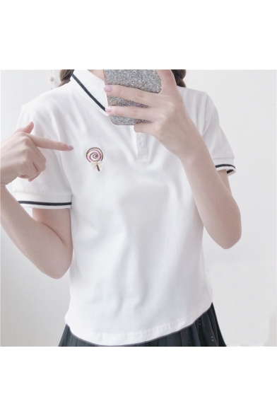 Lollipop Embroidered Contrast Striped Trim Lapel Collar Short Sleeve Tee
