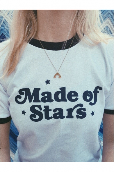 MADE OF STAR Letter Contrast Trim Round Neck Short Sleeve Tee