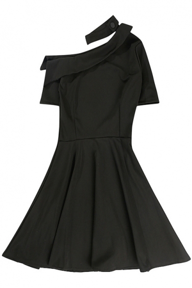 One Shoulder Short Sleeve Plain Mini A-Line Dress