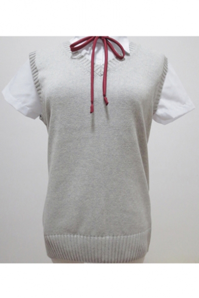 Plain V Neck Sleeveless Knit Vest Sweater