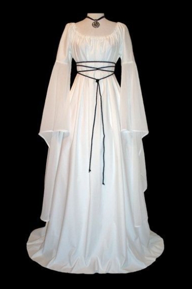 Round Neck Long Sleeve Tied Waist Plain Maxi A-Line Dress