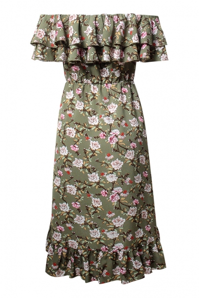 Ruffle Detail Floral Printed Off The Shoulder Short Sleeve Midi Asymmetric Dress