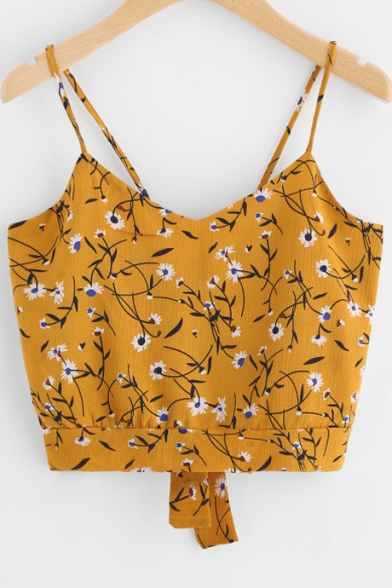Spaghetti Straps Sleeveless Floral Printed Tied Back Crop Cami