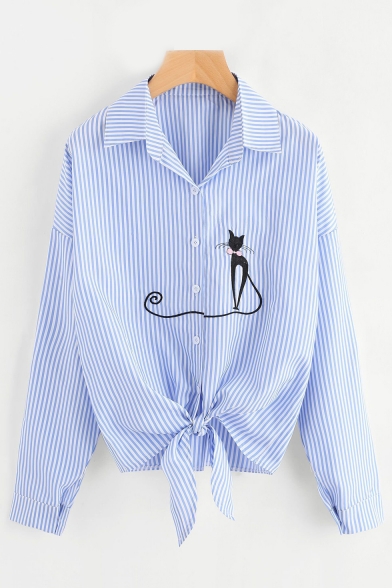 

Striped Cat Embroidered Lapel Collar Long Sleeve Knotted Hem Buttons Down Shirt