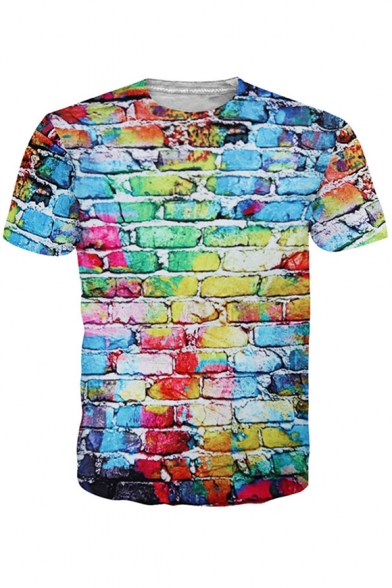 3D Colorful Brick Printed Round Neck Short Sleeve Tee