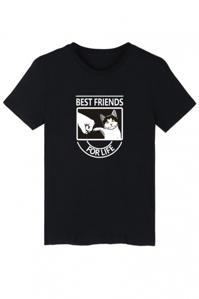 BEST FRIENDS Letter Cat Printed Round Neck Short Sleeve Tee