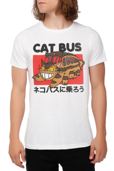 CAT BUS Letter Cat Japanese Printed Round Neck Short Sleeve Tee
