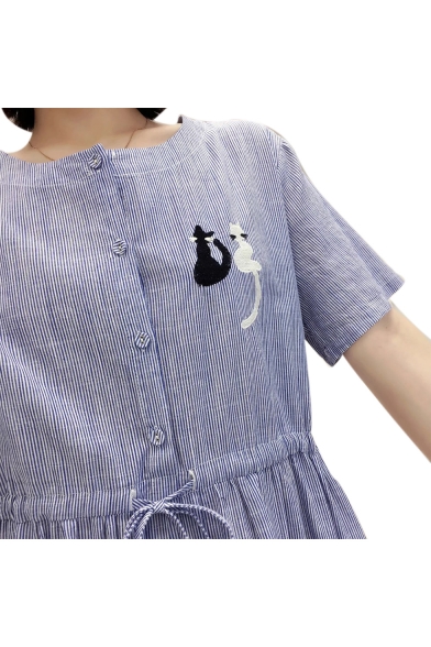 Cat Embroidered Round Neck Short Sleeve Striped Drawstring Waist Midi A-Line Dress