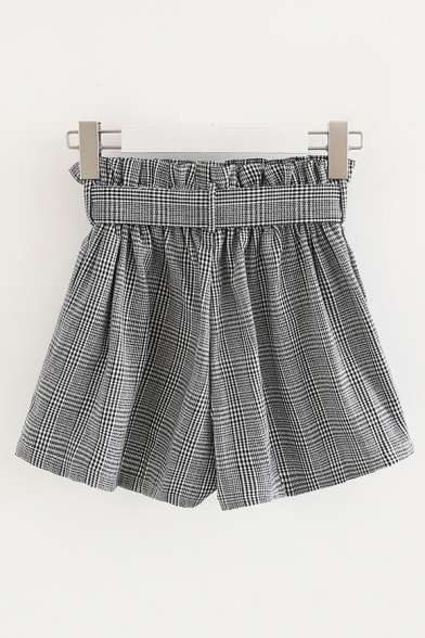 Elastic Waist Plaid Printed Bow Tied Front Loose Shorts