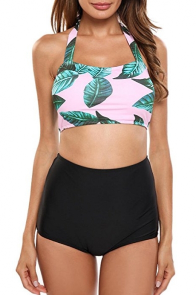 Halter Sleeveless Palm Leaf Printed Crop Top with High Waist Plain Bikini