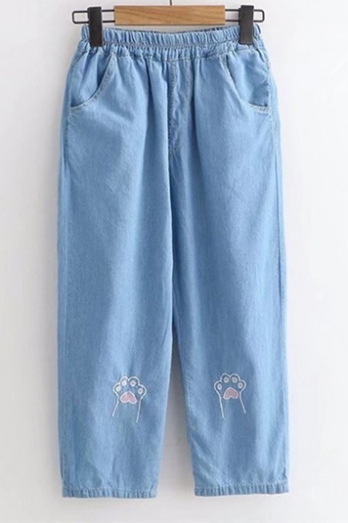 Lovely Cat's Paw Embroidered Elastic Waist Loose Straight Jeans