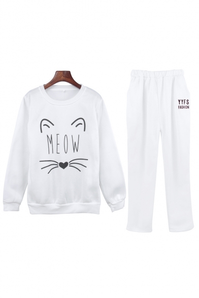 MEOW Letter Cat Printed Round Neck Long Sleeve Sweatshirt with Elastic Waist Letter Printed Pants Sports Co-ords