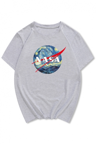 Painting NASA Letter Printed Round Neck Short Sleeve Tee