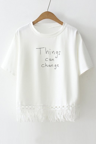 THINGS CAN CHANGE Letter Round Neck Short Sleeve Tee with Tassel