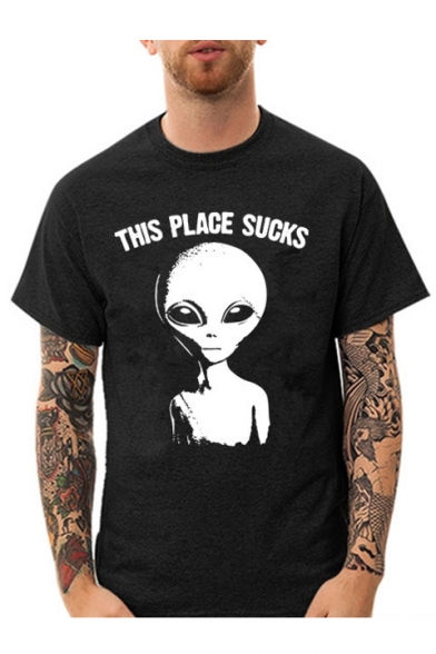THIS PLACE SUCKS Letter Alien Printed Round Neck Short Sleeve Tee