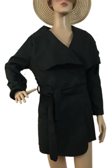 Trendy Tied Front Lapel Collar Long Sleeve Plain Tunic Woolen Coat