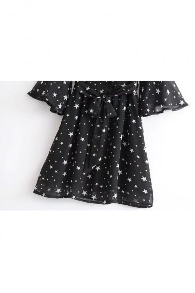V Neck 3/4 Length Sleeve Star Printed Bow Tied Waist Mini A-Line Dress