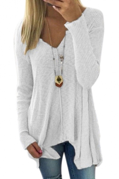V Neck Long Sleeve Plain Asymmetric Hem Ribbed Sweater
