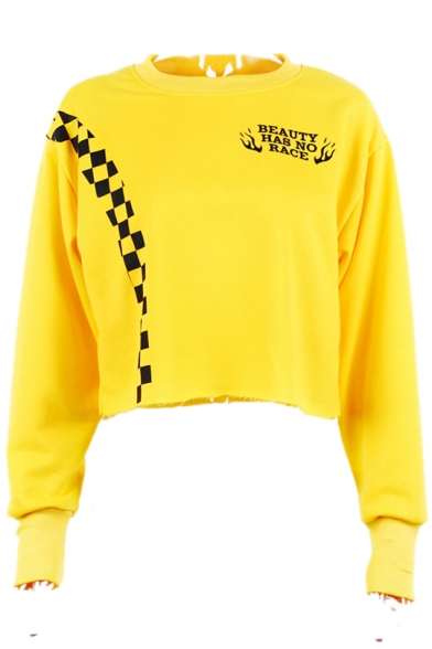 BEAUTY HAS NO RACE Letter Plaid Printed Round Neck Long Sleeve Crop Sweatshirt