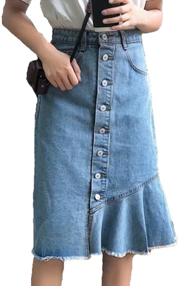 button down midi jean skirt
