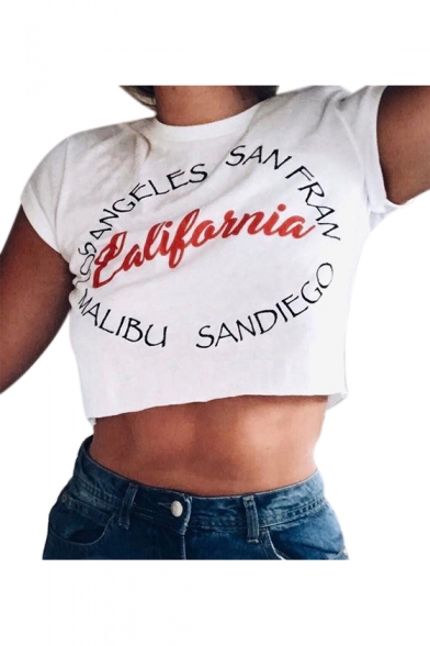 CALIFORNIA Letter Printed Round Neck Short Sleeve Crop Tee