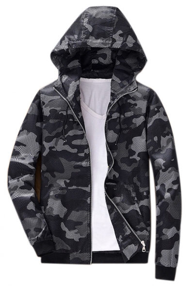 Camouflage Printed Zip Up Long Sleeve Hooded Coat
