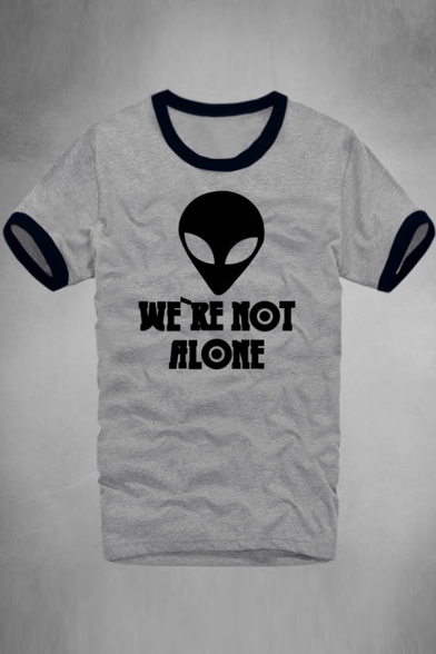 Contrast Trim Alien WE ARE NOT ALONE Letter Printed Round Neck Short Sleeve Tee