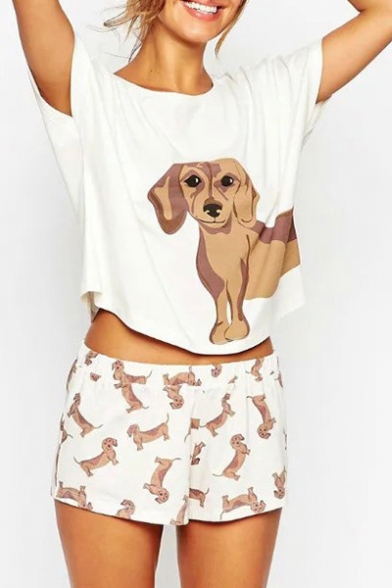 Cute Allover Dachshund Puppy Dog Printed Tee Wide Legs Shorts Co-ords