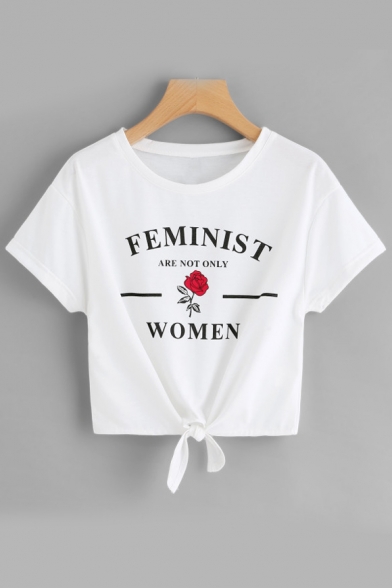 

FEMINIST Letter Floral Printed Knotted Hem Round Neck Short Sleeve Crop Tee, LC476150