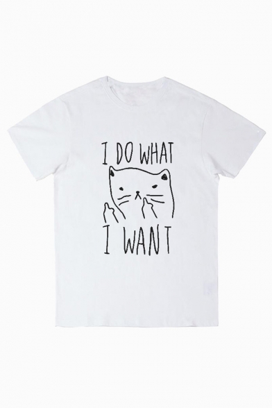 I DO WHAT I WANT Letter Cat Printed Round Neck Short Sleeve Tee