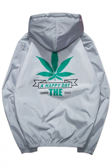 Leaf A HAPPY DAY Letter Printed Back Zip Up Long Sleeve Hooded Coat