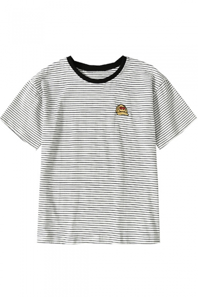 Lovely Embroidered Round Neck Short Sleeve Striped Tee