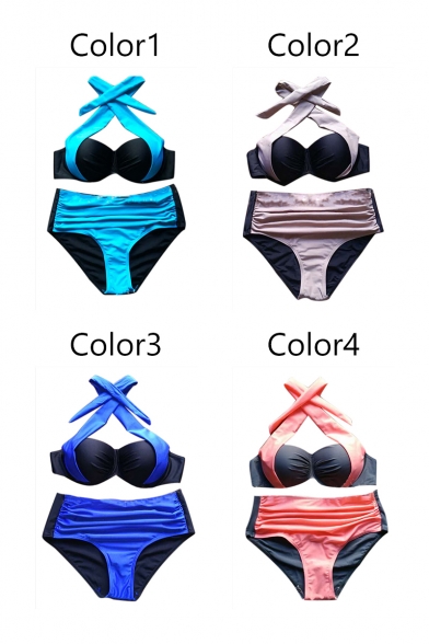 Sexy Halter Color Block High Waist Bottom Bikini