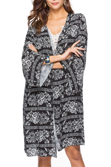 Tribal Printed Collarless 3/4 Length Sleeve Tunic Kimono