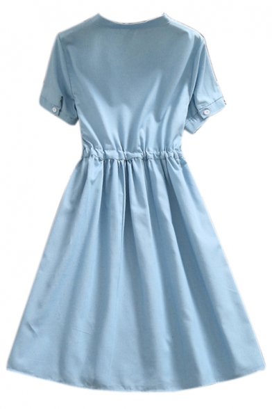 V Neck Short Sleeve Rabbit Embroidered Drawstring Waist Midi A-Line Dress
