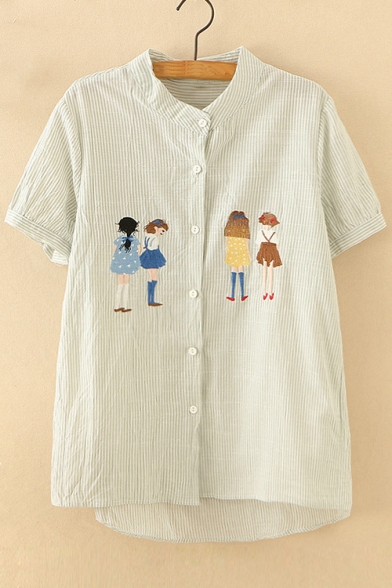 Cartoon Girl Embroidered Buttons Down Stand Up Collar Striped Short Sleeve Shirt