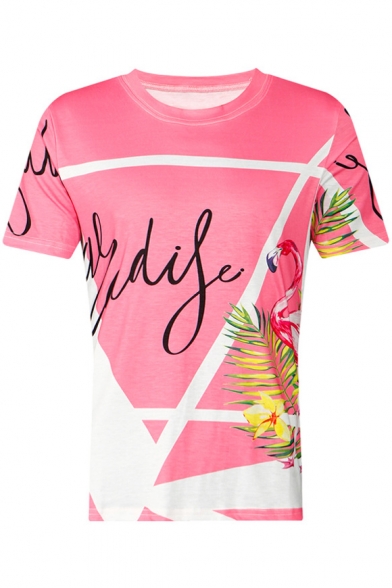 Color Block Flamingo Letter Printed Round Neck Short Sleeve Tee
