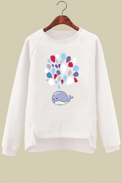Cute Cartoon Whale Printed Round Neck Long Sleeve Sweatshirt