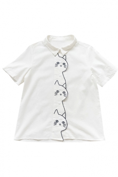 Cute Cat Embroidered Placket Lapel Collar Short Sleeve Buttons Down Shirt