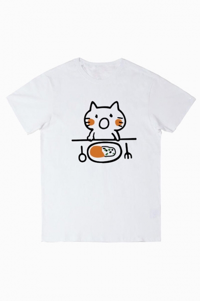 Cute Cat Food Printed Round Neck Short Sleeve Unisex Tee