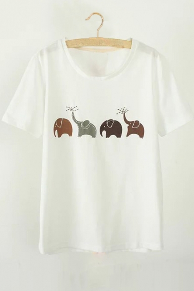 

Cute Elephant Printed Round Neck Short Sleeve Tee