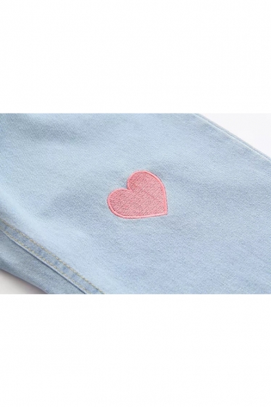 Elastic Waist Rabbit Heart Embroidered Crop Jeans