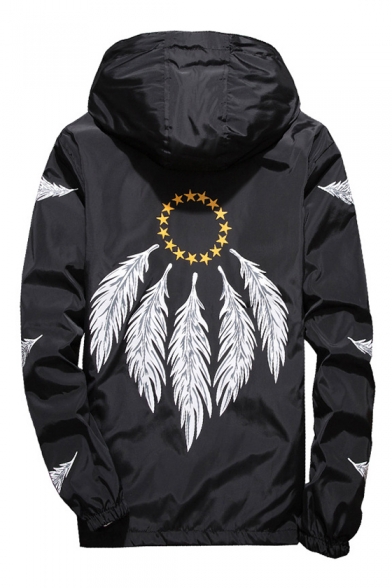 Feather Pentagram Printed Long Sleeve Zip Up Hooded Coat